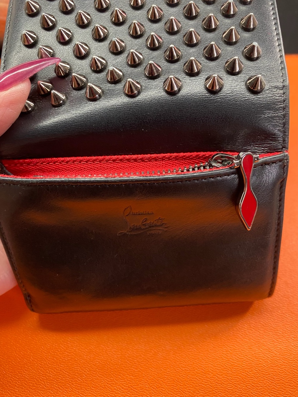 Christian Louboutin Black Leather Studded Compact Wallet with Red Zip Accent - Picture 8 of 16